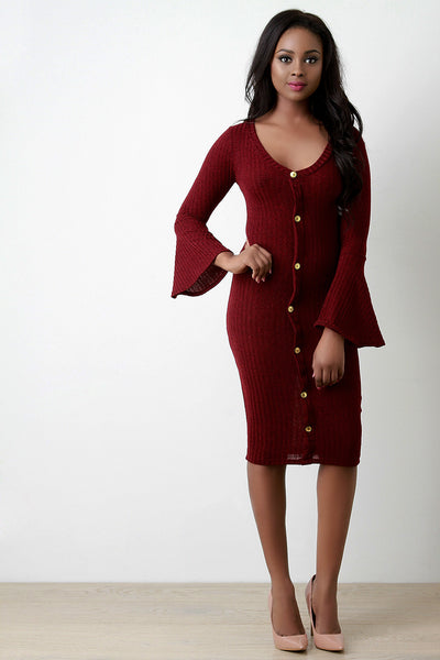 Rib Knit Button Accent Bell Sleeves Dress