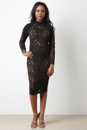 Laser Cut Eyelet Mock Midi Dress