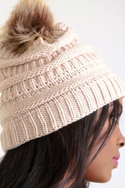 Chunky Rib Knit Faux Fur Pom Pom Beanie