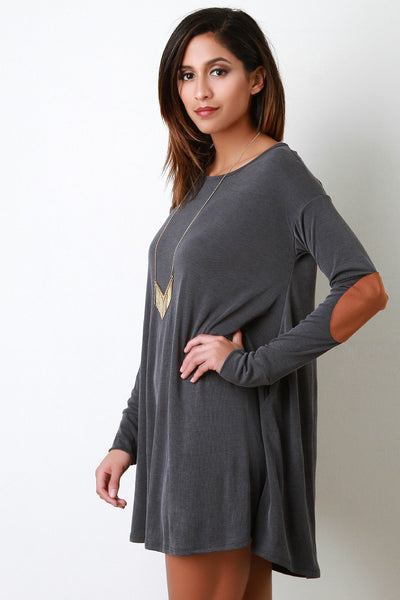 Rib Knit Elbow Patch Long Sleeve Shift Dress