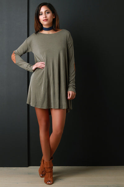 Rib Knit Elbow Patch Long Sleeve Shift Dress