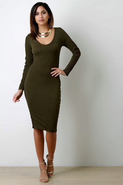 Perforated Panel Scoop Neck Long Sleeve Dress