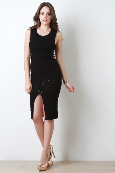 Lattice Side Vent Slit Midi Dress