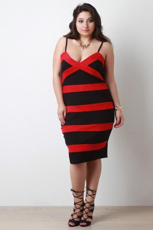 Colorblock Stripe V Sweetheart Neck Sheath Dress