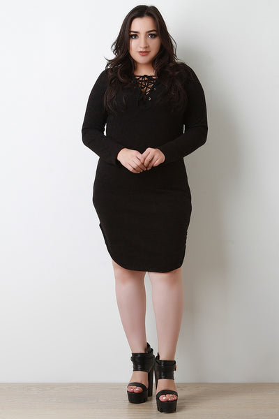 Plus Size Lace-Up Round Hem Sweater Dress