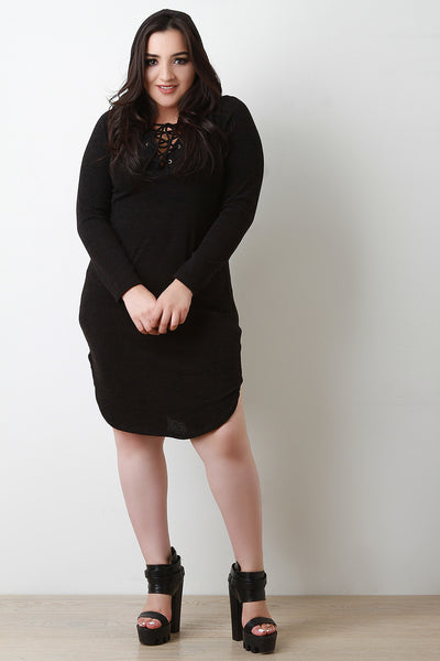 Plus Size Lace-Up Round Hem Sweater Dress