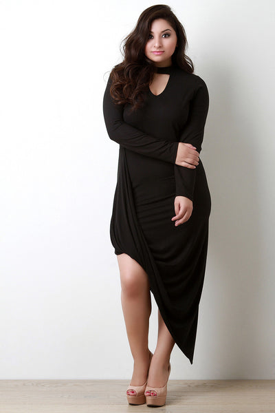 Mock Neck Keyhole Asymmetrical Drape Hem Dress