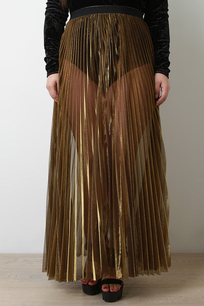 Accordion Metallic Sheer Maxi Skirt