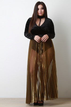 Accordion Metallic Sheer Maxi Skirt