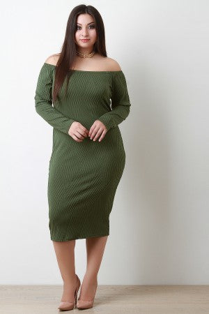 Texture Weave Bardot Bodycon Midi Dress