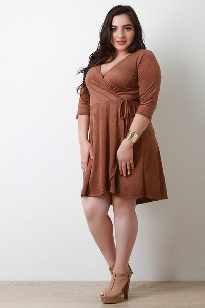 Vegan Suede Wrap Style Half Sleeve Skater Dress